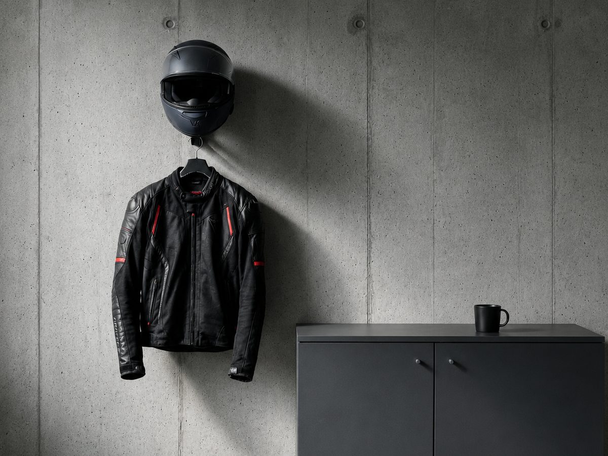 Motorcycle helmet and jacket hanging on a wall mount next to a cabinet
